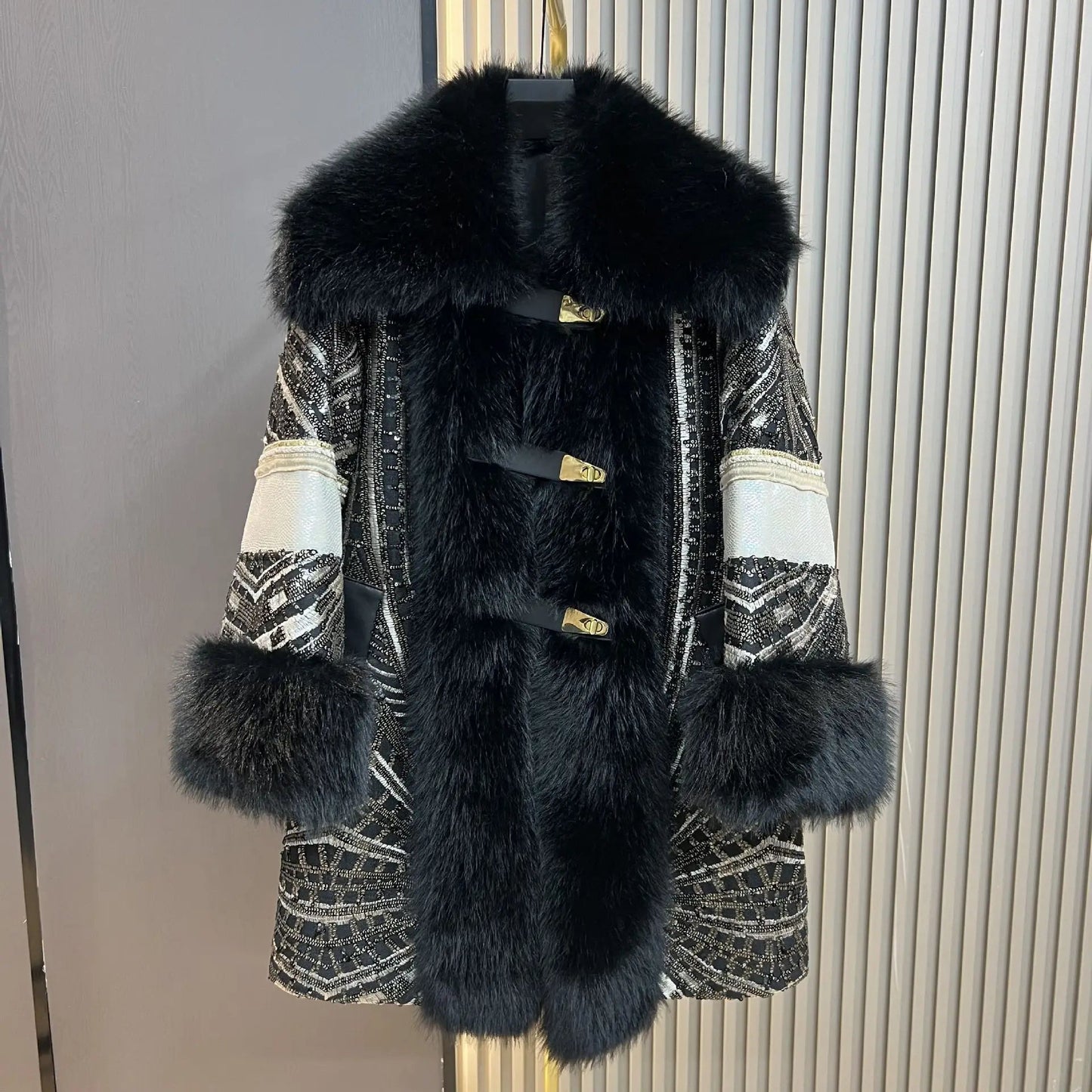 Faux Fox Fur Coat With Sequined Fur Collar Korean Style Winter Jacket For Glam Nights - SN Wigs & More
