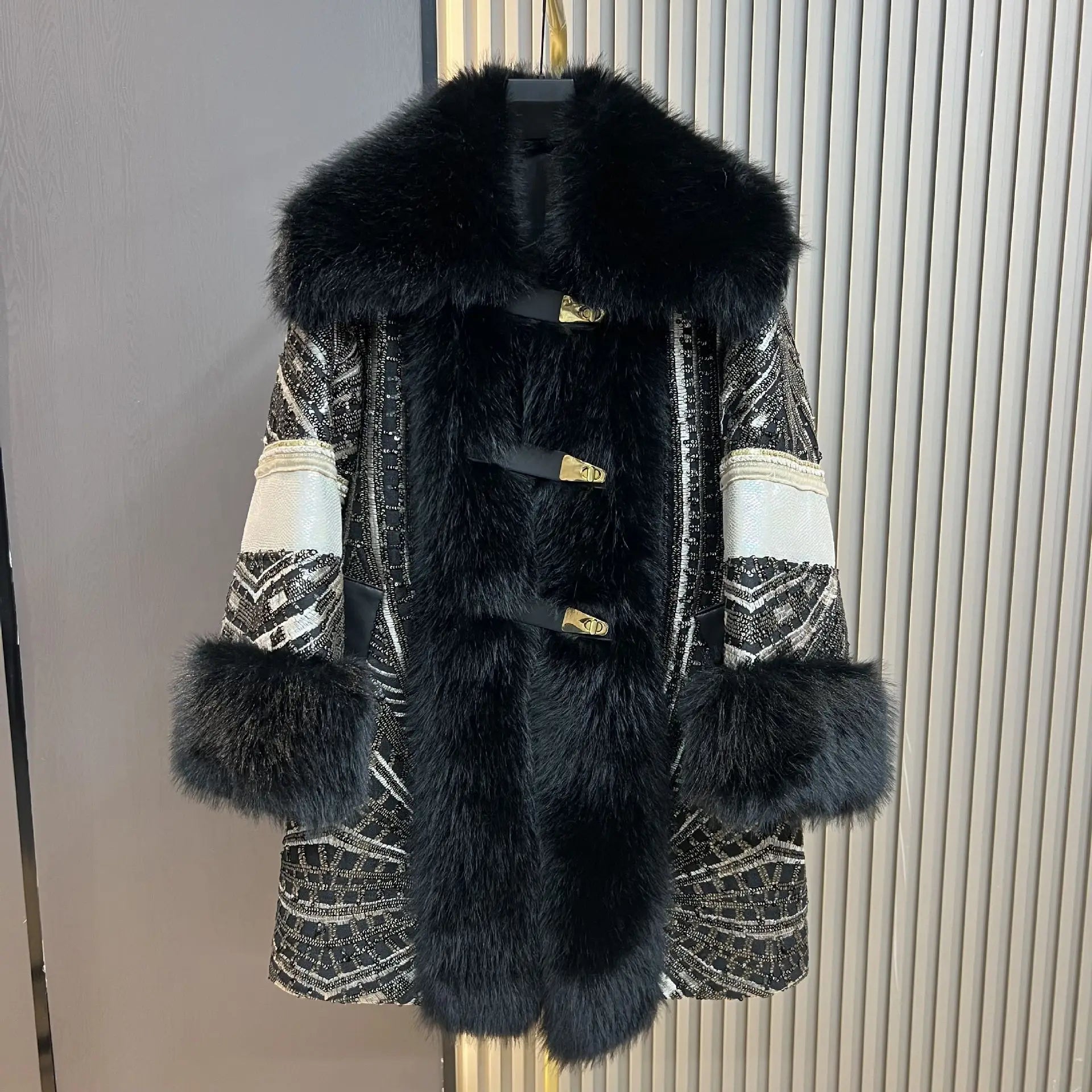 Faux Fox Fur Coat With Sequined Fur Collar Korean Style Winter Jacket For Glam Nights - SN Wigs & More