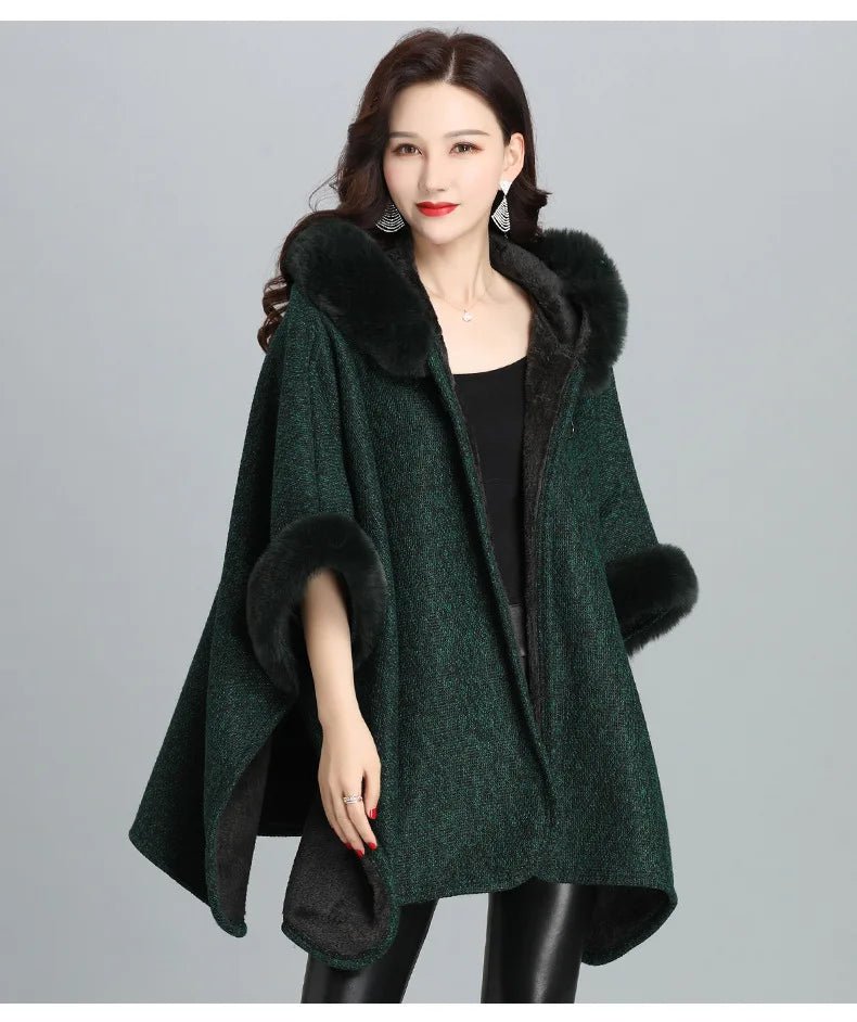 Faux Fur Cape Coat For Women + Hooded With Plush Warmth + Casual Winter Everyday Style - SN Wigs & More