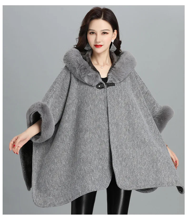 Faux Fur Cape Coat For Women + Hooded With Plush Warmth + Casual Winter Everyday Style - SN Wigs & More