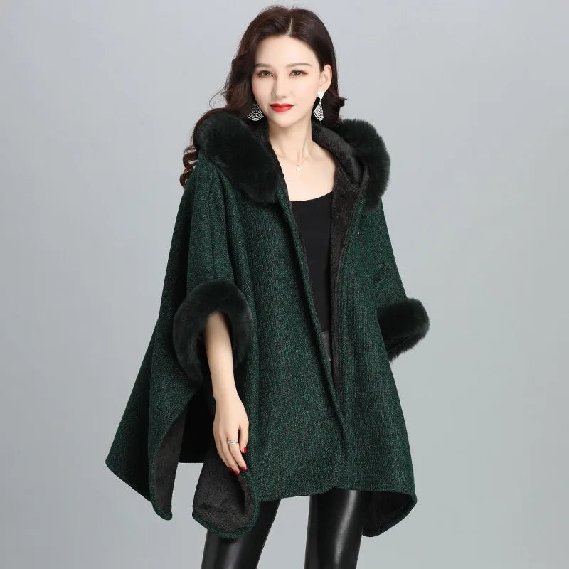 Faux Fur Cape Coat For Women + Hooded With Plush Warmth + Casual Winter Everyday Style - SN Wigs & More