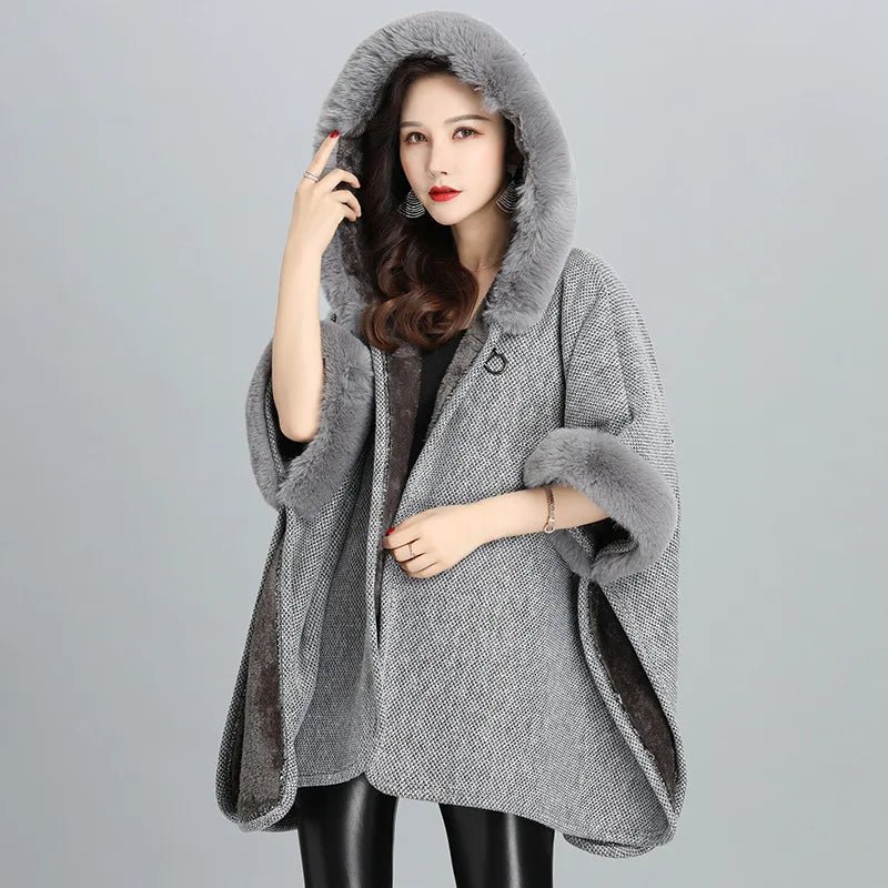 Faux Fur Cape Coat For Women + Hooded With Plush Warmth + Casual Winter Everyday Style - SN Wigs & More