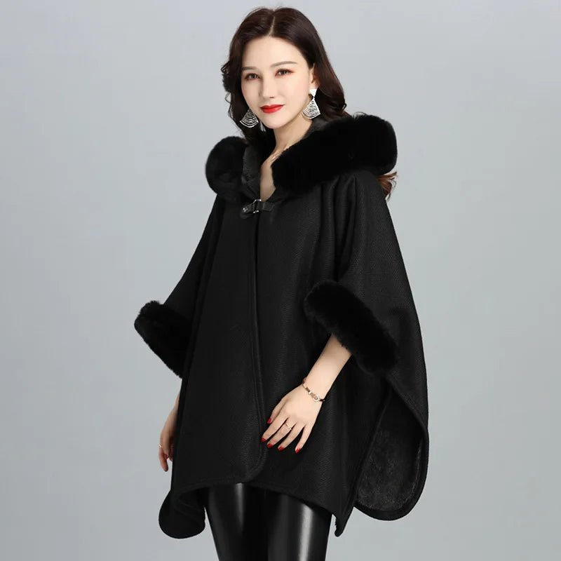 Faux Fur Cape Coat For Women + Hooded With Plush Warmth + Casual Winter Everyday Style - SN Wigs & More