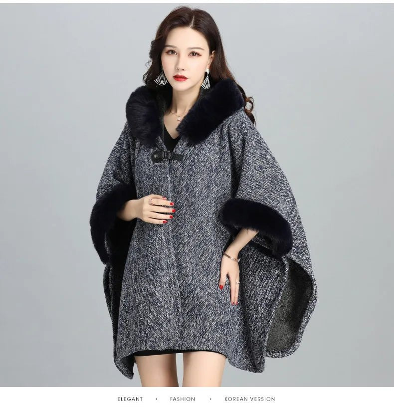 Faux Fur Cape Coat For Women + Hooded With Plush Warmth + Casual Winter Everyday Style - SN Wigs & More