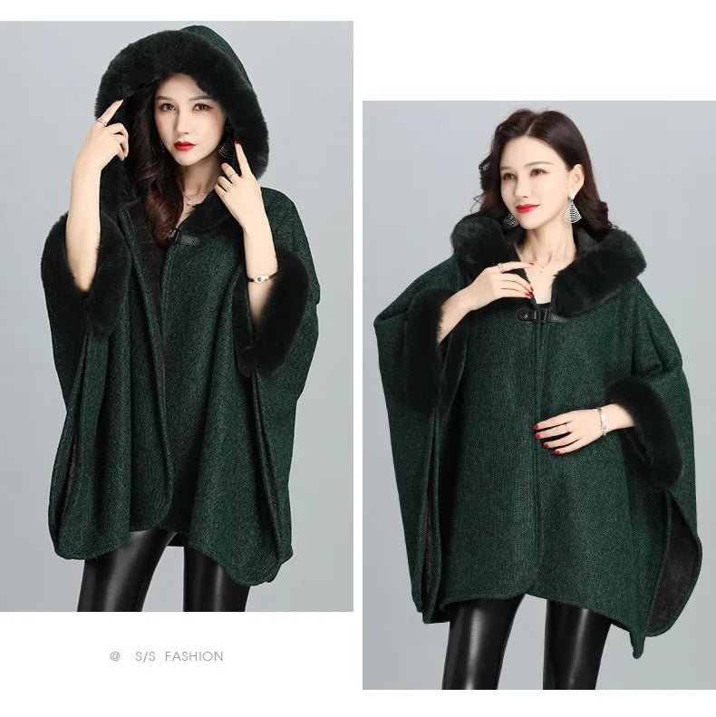 Faux Fur Cape Coat For Women + Hooded With Plush Warmth + Casual Winter Everyday Style - SN Wigs & More