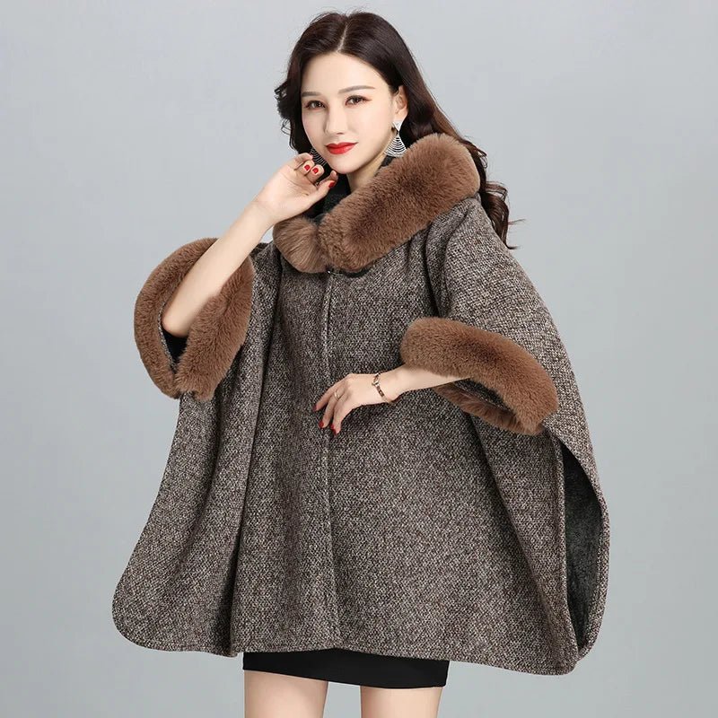 Faux Fur Cape Coat For Women + Hooded With Plush Warmth + Casual Winter Everyday Style - SN Wigs & More