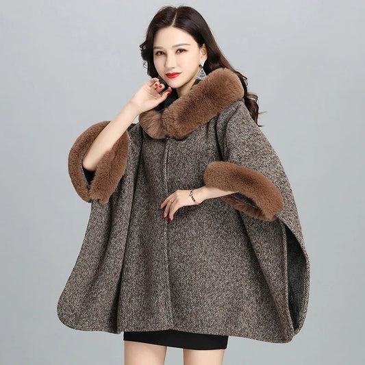 Faux Fur Cape Coat For Women + Hooded With Plush Warmth + Casual Winter Everyday Style - SN Wigs & More