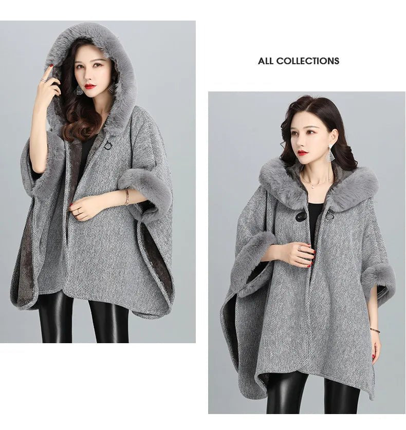 Faux Fur Cape Coat For Women + Hooded With Plush Warmth + Casual Winter Everyday Style - SN Wigs & More