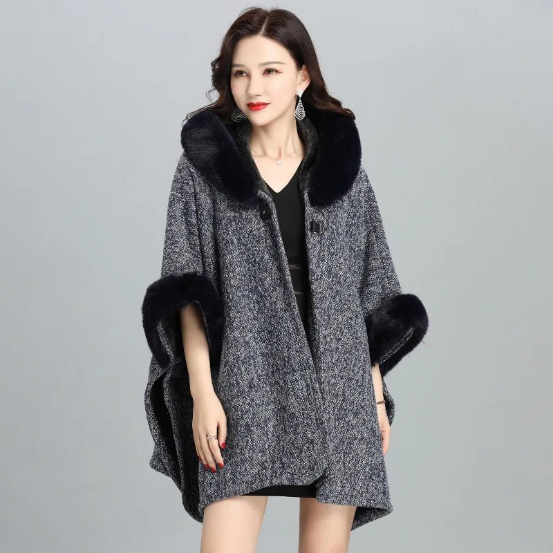 Faux Fur Cape Coat For Women + Hooded With Plush Warmth + Casual Winter Everyday Style - SN Wigs & More