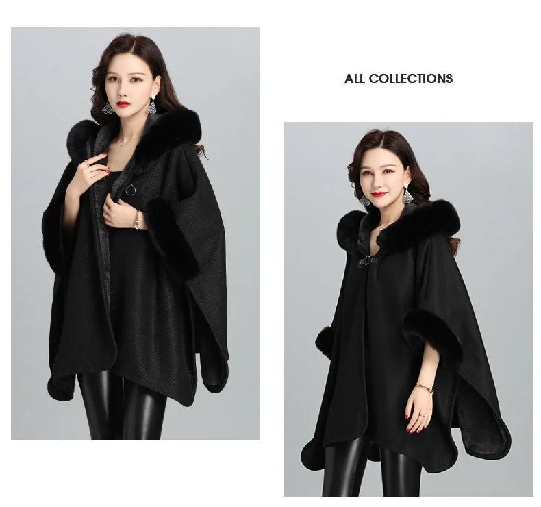 Faux Fur Cape Coat For Women + Hooded With Plush Warmth + Casual Winter Everyday Style - SN Wigs & More
