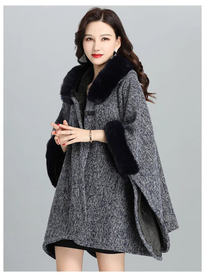 Faux Fur Cape Coat For Women + Hooded With Plush Warmth + Casual Winter Everyday Style - SN Wigs & More