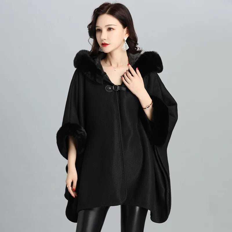 Faux Fur Cape Coat For Women + Hooded With Plush Warmth + Casual Winter Everyday Style - SN Wigs & More