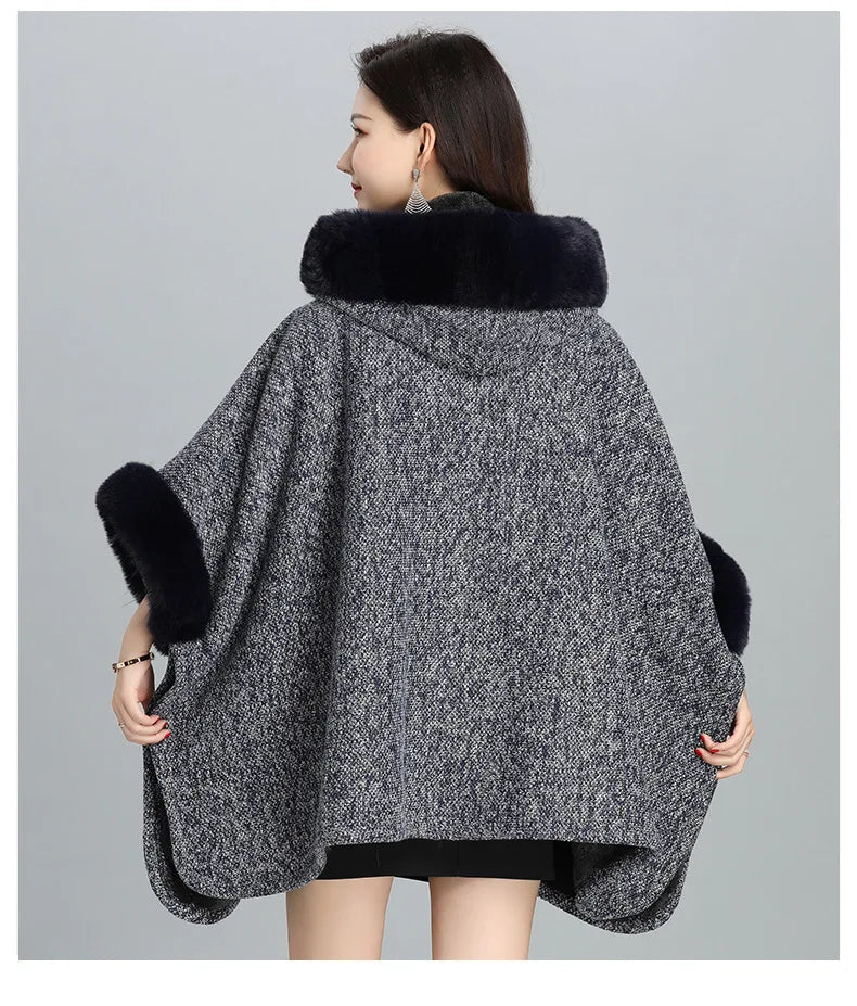 Faux Fur Cape Coat For Women + Hooded With Plush Warmth + Casual Winter Everyday Style - SN Wigs & More