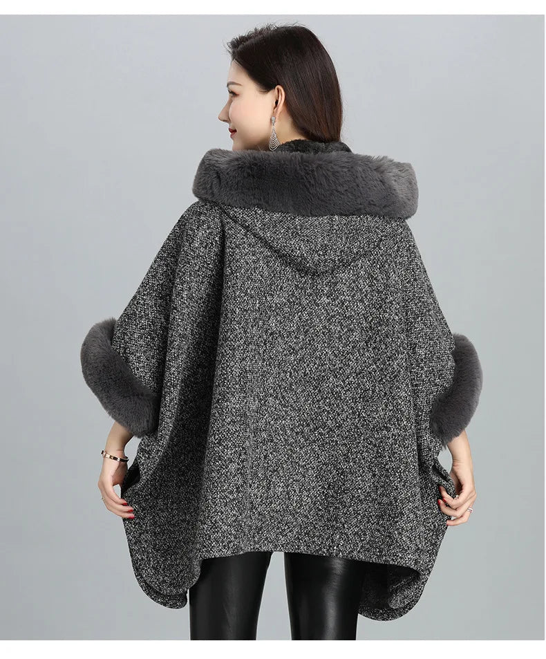 Faux Fur Cape Coat For Women + Hooded With Plush Warmth + Casual Winter Everyday Style - SN Wigs & More