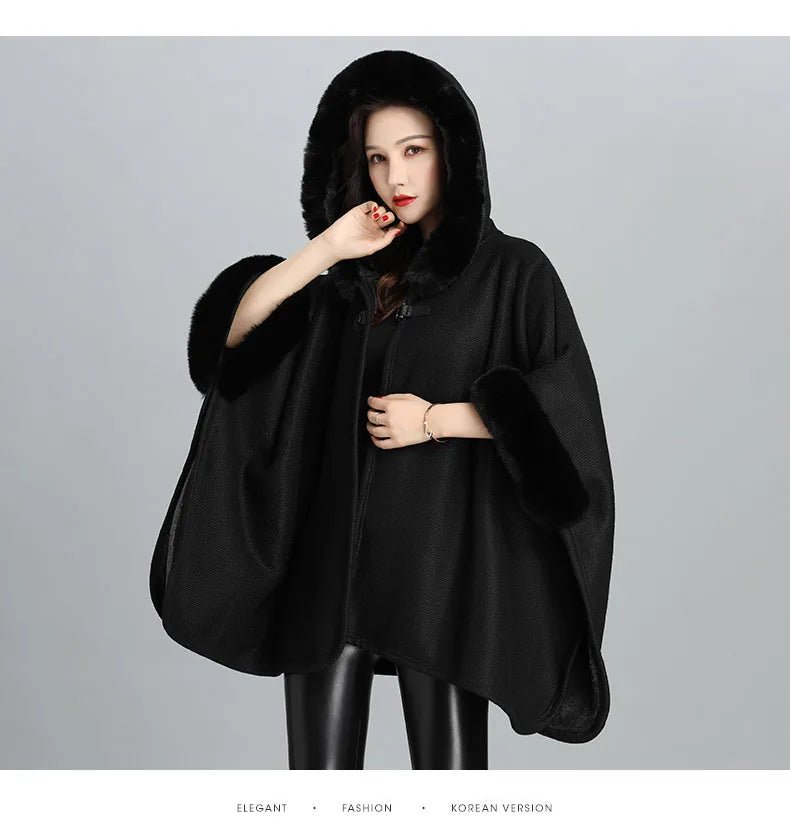 Faux Fur Cape Coat For Women + Hooded With Plush Warmth + Casual Winter Everyday Style - SN Wigs & More