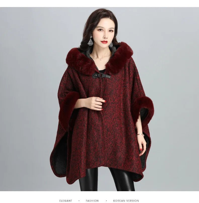 Faux Fur Cape Coat For Women + Hooded With Plush Warmth + Casual Winter Everyday Style - SN Wigs & More