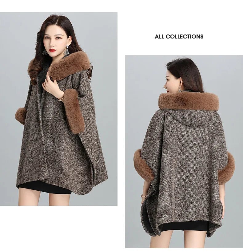 Faux Fur Cape Coat For Women + Hooded With Plush Warmth + Casual Winter Everyday Style - SN Wigs & More