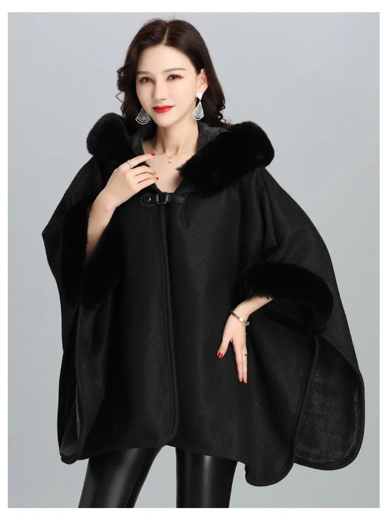 Faux Fur Cape Coat For Women + Hooded With Plush Warmth + Casual Winter Everyday Style - SN Wigs & More
