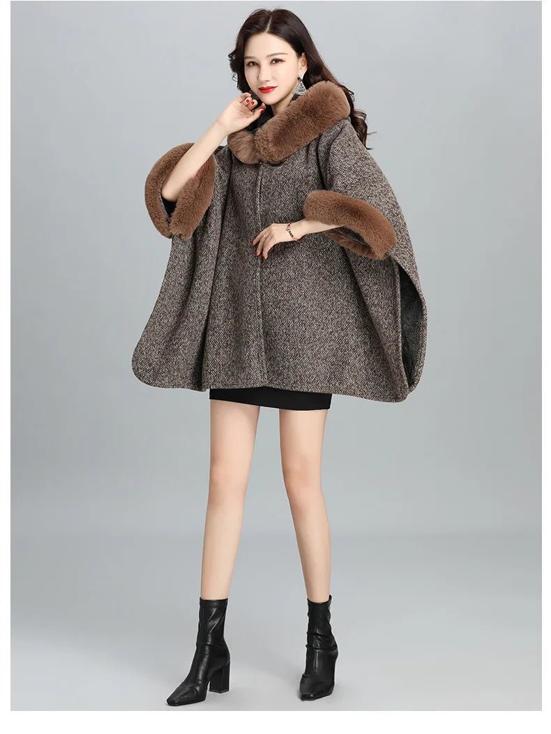 Faux Fur Cape Coat For Women + Hooded With Plush Warmth + Casual Winter Everyday Style - SN Wigs & More