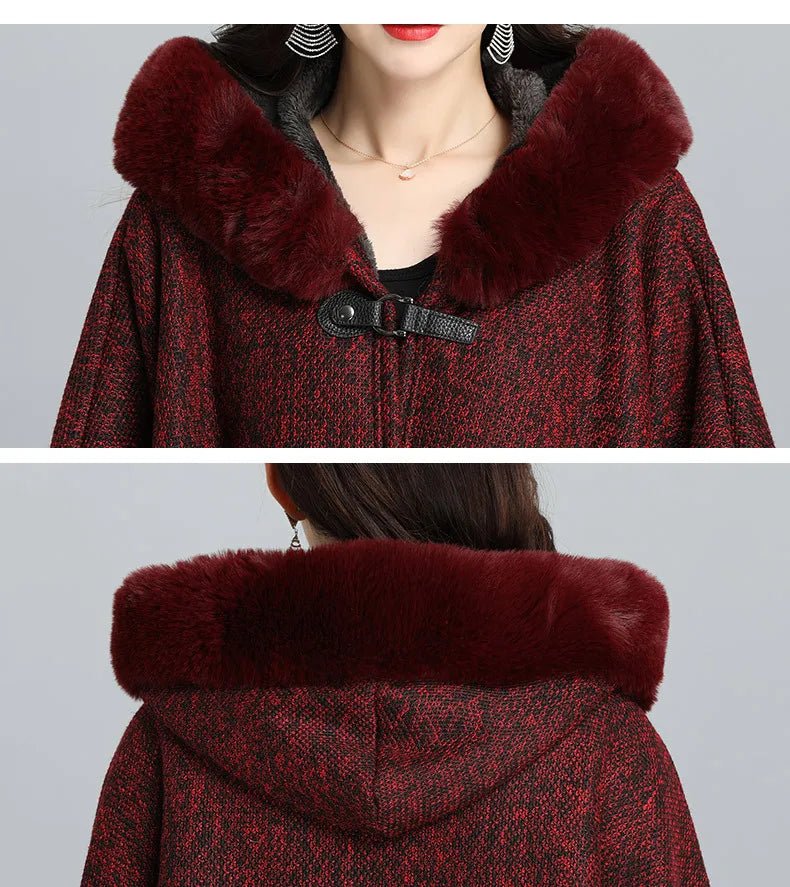 Faux Fur Cape Coat For Women + Hooded With Plush Warmth + Casual Winter Everyday Style - SN Wigs & More