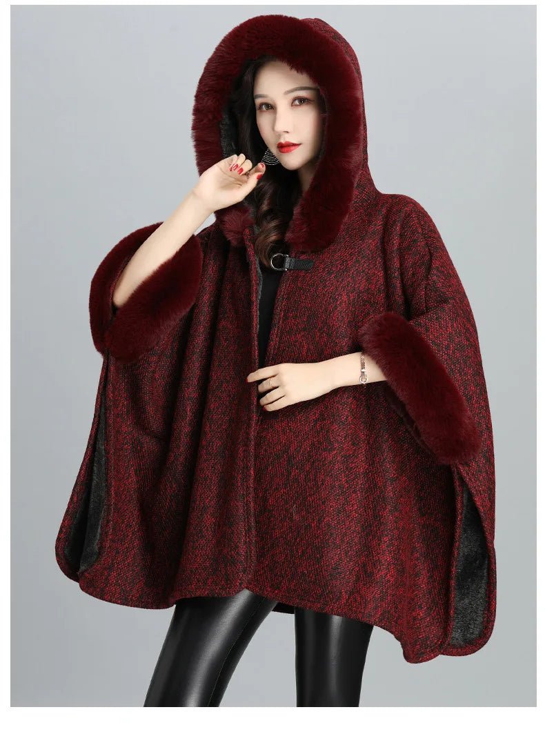 Faux Fur Cape Coat For Women + Hooded With Plush Warmth + Casual Winter Everyday Style - SN Wigs & More