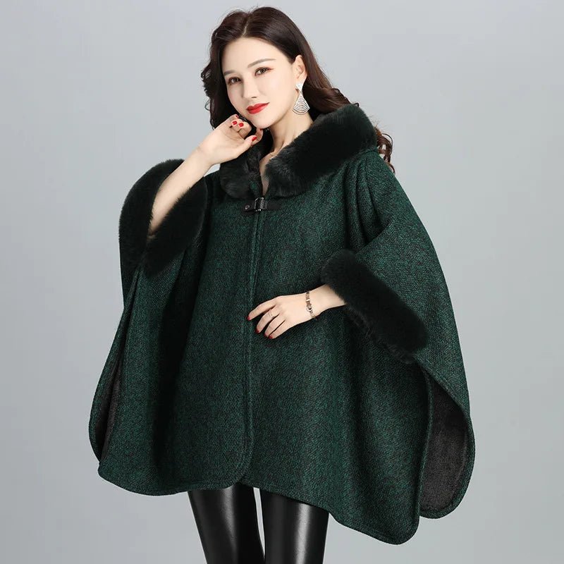 Faux Fur Cape Coat For Women + Hooded With Plush Warmth + Casual Winter Everyday Style - SN Wigs & More