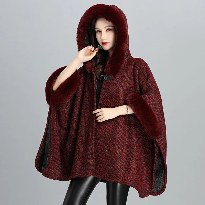 Faux Fur Cape Coat For Women + Hooded With Plush Warmth + Casual Winter Everyday Style - SN Wigs & More