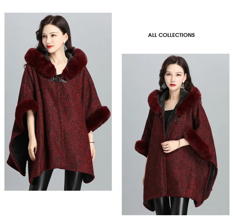 Faux Fur Cape Coat For Women + Hooded With Plush Warmth + Casual Winter Everyday Style - SN Wigs & More