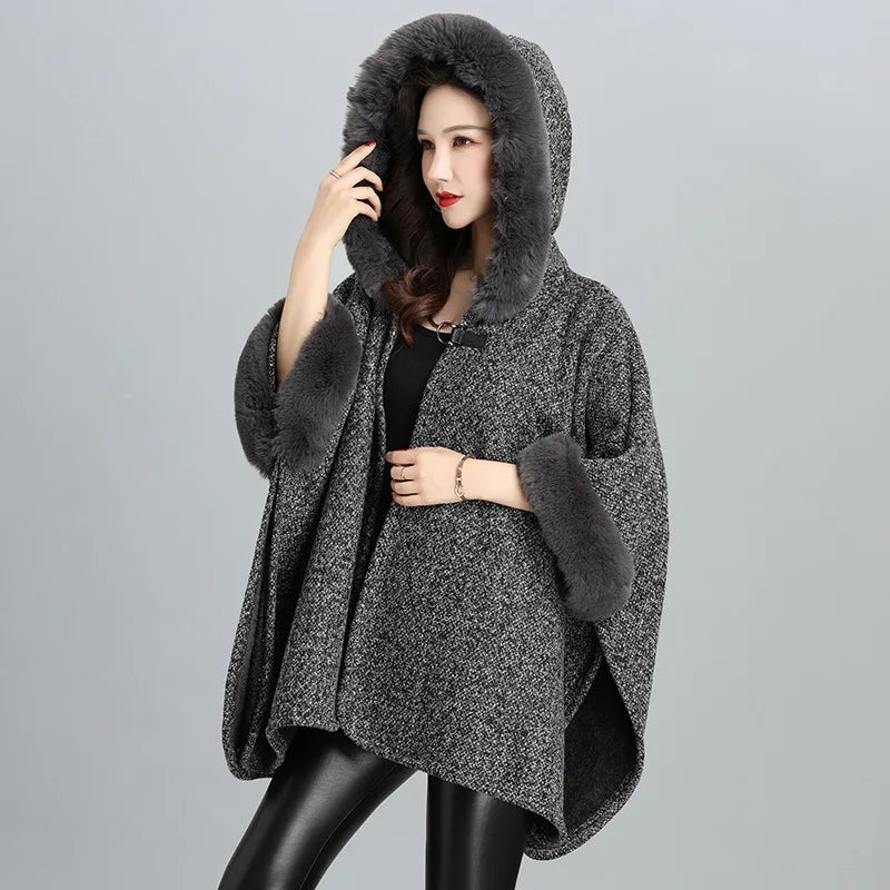 Faux Fur Cape Coat For Women + Hooded With Plush Warmth + Casual Winter Everyday Style - SN Wigs & More
