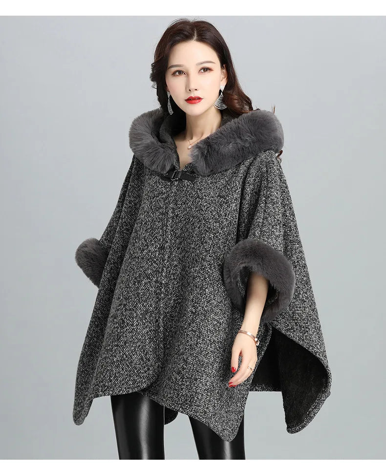 Faux Fur Cape Coat For Women + Hooded With Plush Warmth + Casual Winter Everyday Style - SN Wigs & More