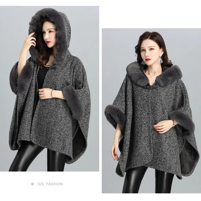 Faux Fur Cape Coat For Women + Hooded With Plush Warmth + Casual Winter Everyday Style - SN Wigs & More