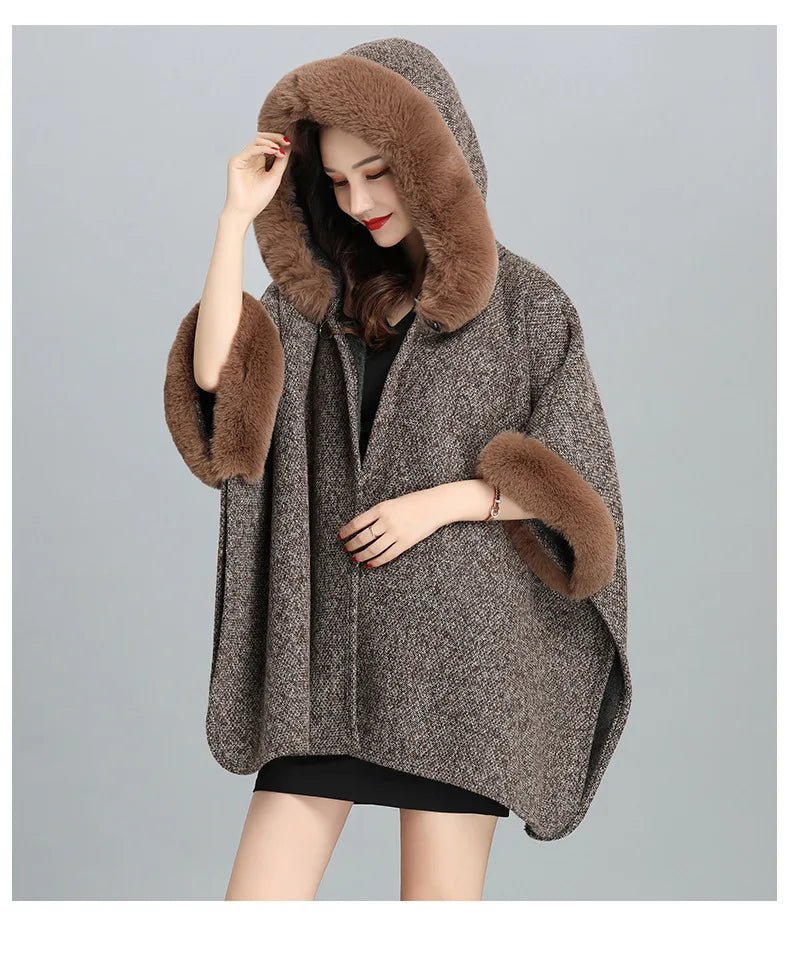 Faux Fur Cape Coat For Women + Hooded With Plush Warmth + Casual Winter Everyday Style - SN Wigs & More