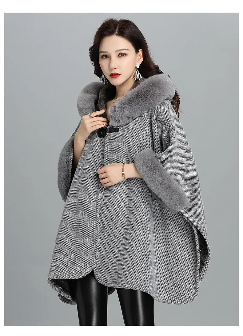Faux Fur Cape Coat For Women + Hooded With Plush Warmth + Casual Winter Everyday Style - SN Wigs & More