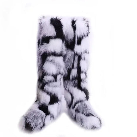 Faux furry fluffy soft plush ladies women winter knee high boots matching faux fur women headband set