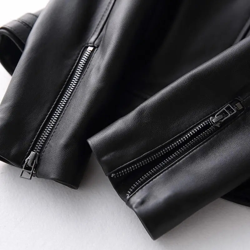 Faux Leather Coat Zipper Closure Solid Turn Down Collar Moto Streetwear Style All Season - SN Wigs & More