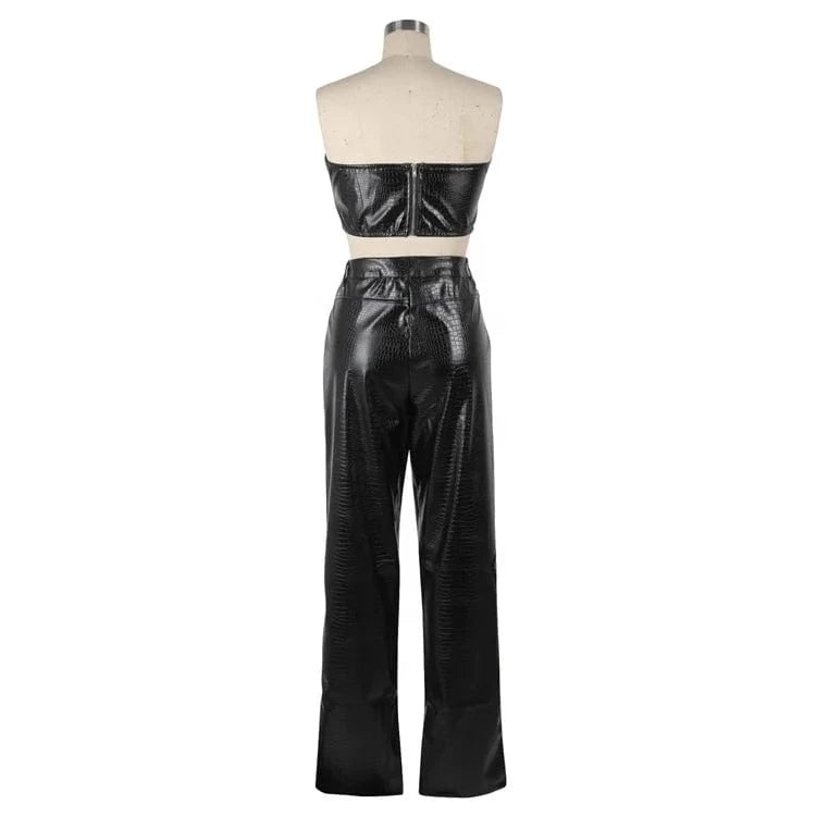 Faux Leather Women's Set Sleeveless Zipper Fly Crop Top and Wide Leg Pants 2024 PU Two 2 Piece Sets