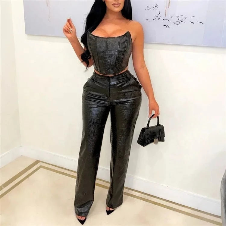 Faux Leather Women's Set Sleeveless Zipper Fly Crop Top and Wide Leg Pants 2024 PU Two 2 Piece Sets