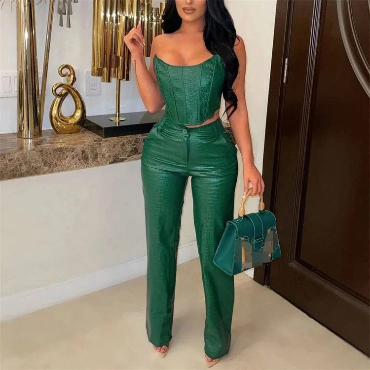 Faux Leather Women's Set Sleeveless Zipper Fly Crop Top and Wide Leg Pants 2024 PU Two 2 Piece Sets