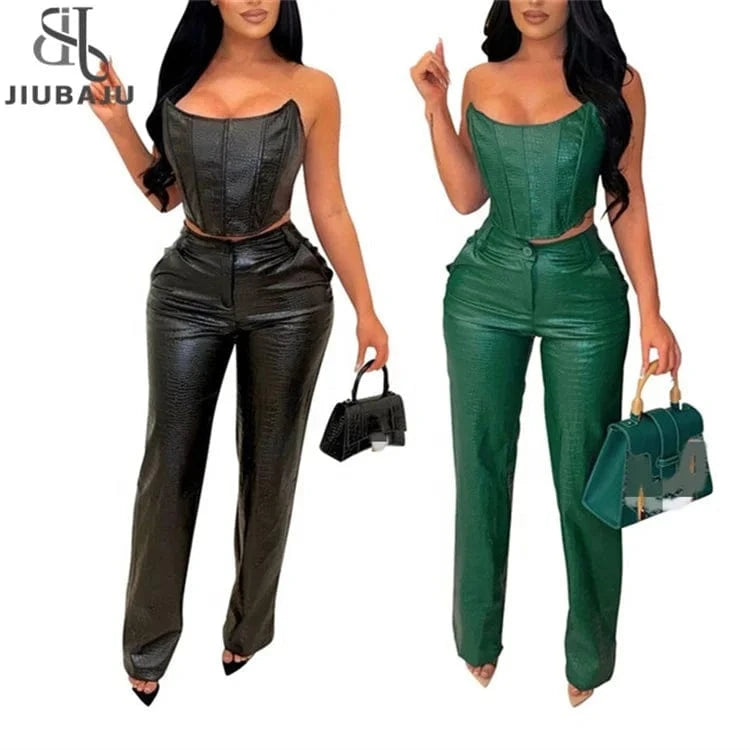 Faux Leather Women's Set Sleeveless Zipper Fly Crop Top and Wide Leg Pants 2024 PU Two 2 Piece Sets