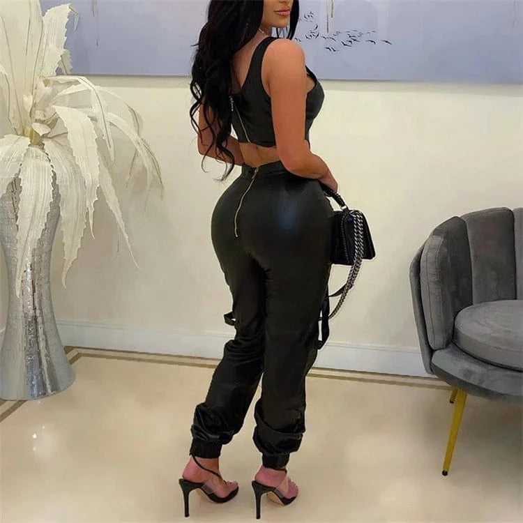 Faux Leather Women's Set Sleeveless Zipper Fly Crop Top and Wide Leg Pants 2024 PU Two 2 Piece Sets Outfits