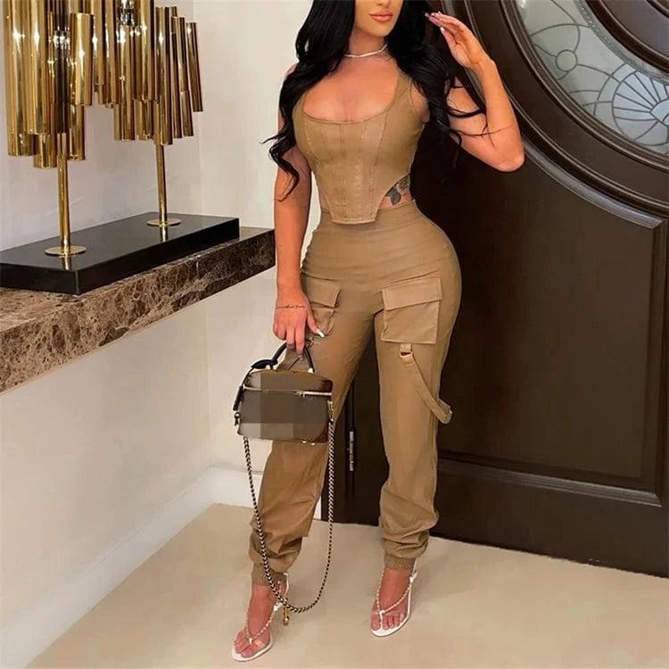 Faux Leather Women's Set Sleeveless Zipper Fly Crop Top and Wide Leg Pants 2024 PU Two 2 Piece Sets Outfits