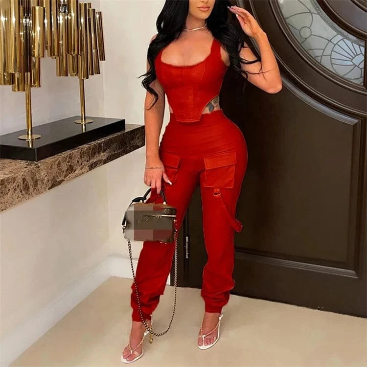 Faux Leather Women's Set Sleeveless Zipper Fly Crop Top and Wide Leg Pants 2024 PU Two 2 Piece Sets Outfits