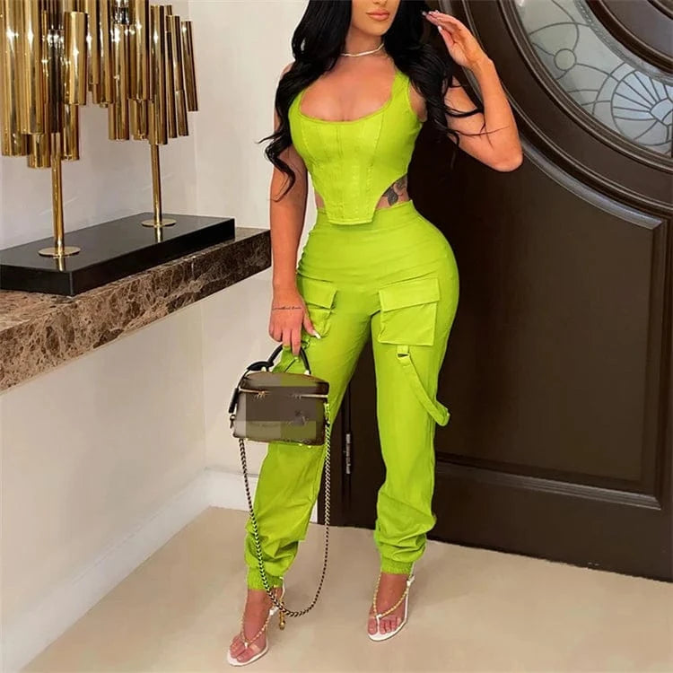 Faux Leather Women's Set Sleeveless Zipper Fly Crop Top and Wide Leg Pants 2024 PU Two 2 Piece Sets Outfits