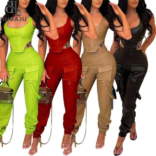 Faux Leather Women's Set Sleeveless Zipper Fly Crop Top and Wide Leg Pants 2024 PU Two 2 Piece Sets Outfits