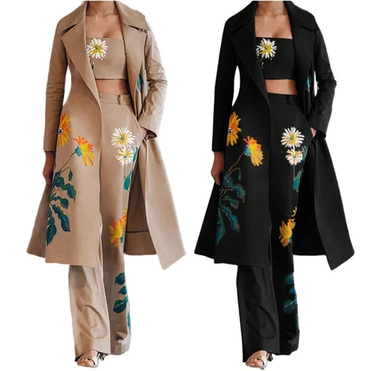 FD123 New Arrivals Autumn Winter Ladies Print Pants Coat Long Windbreaker Set Three Piece Set Women Clothing Windbreaker Jacket