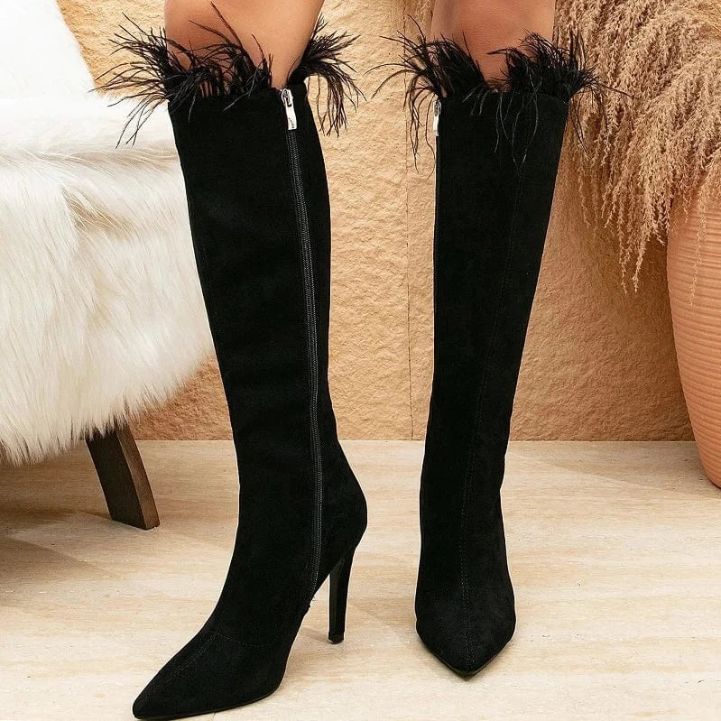 Feather Suede Leather Pointed Toe Side Zipper Stiletto Fashion Purple Solid Autumn Knee High Women Long Boots
