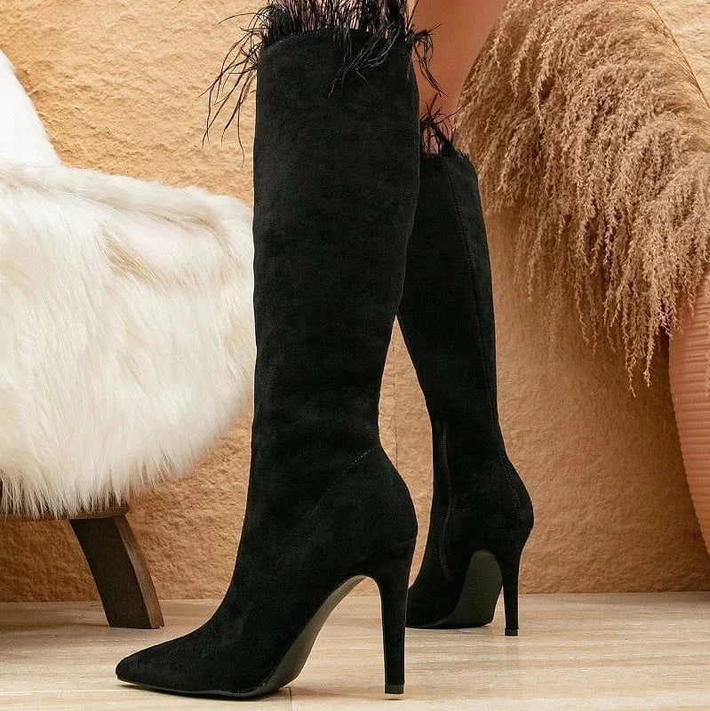 Feather Suede Leather Pointed Toe Side Zipper Stiletto Fashion Purple Solid Autumn Knee High Women Long Boots