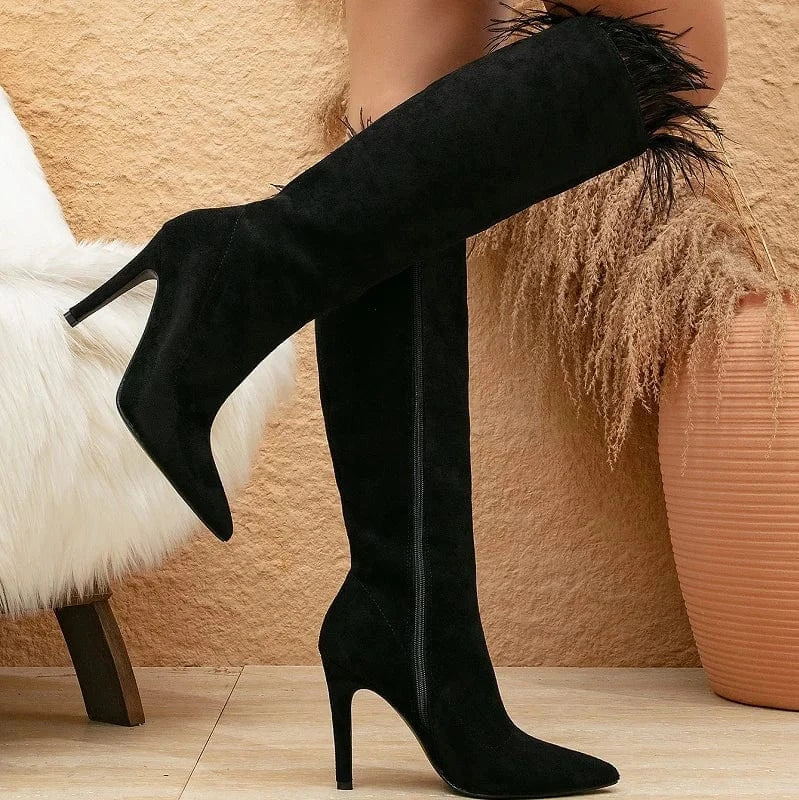 Feather Suede Leather Pointed Toe Side Zipper Stiletto Fashion Purple Solid Autumn Knee High Women Long Boots