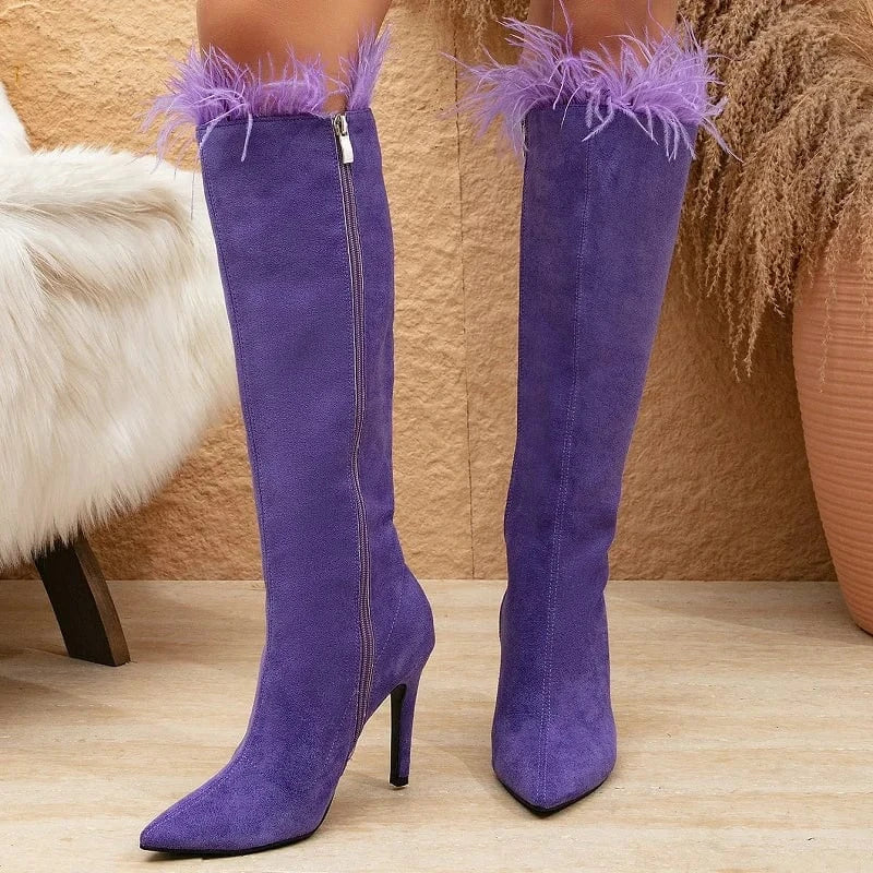 Feather Suede Leather Pointed Toe Side Zipper Stiletto Fashion Purple Solid Autumn Knee High Women Long Boots