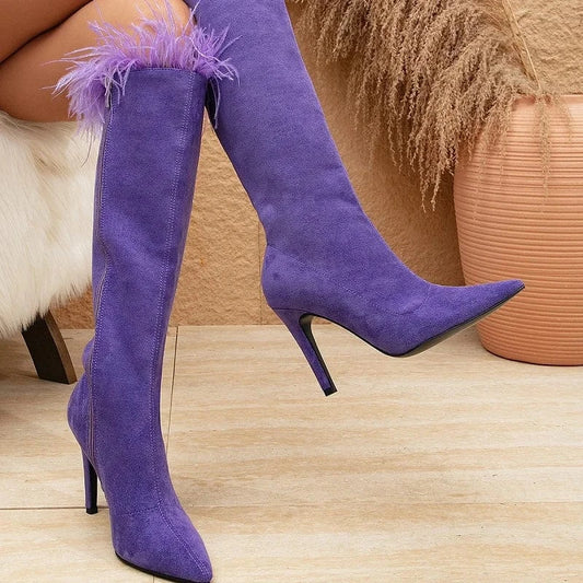 Feather Suede Leather Pointed Toe Side Zipper Stiletto Fashion Purple Solid Autumn Knee High Women Long Boots